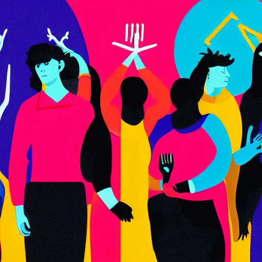 Prompt: A group of millennial hipsters surrounding and worshipping a satanic goat-person, in the style of Corporate Memphis, Alegria style, Big Tech corporate art design, simple gradients, simple, minimalist