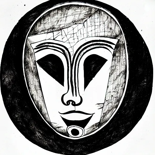 Image similar to an ink drawing of an old dilapidated drama mask, cracked, elaborate detail, shape of a circle, circular shape, white background