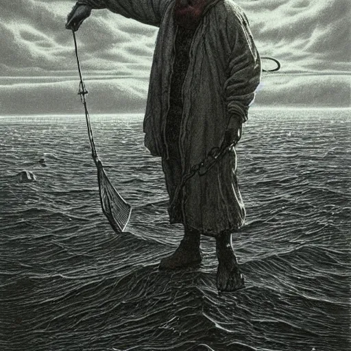 Prompt: retro dark vintage sci-fi, 2D matte illustration, old fisherman fishing, art by Szukalski, Beksinski