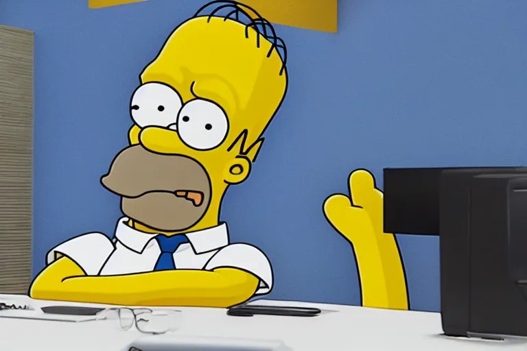 Image similar to Homer Simpson sits at the office table and monitors the fall of Bitcoin and is angry, 3d, CryEngine, 8k, hyperrealism