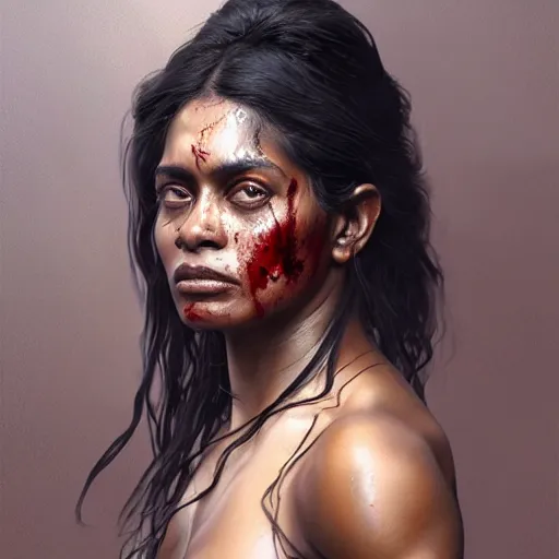 Image similar to portrait painting of a black muscular bloodied indian middle aged woman bathing, ultra realistic, concept art, intricate details, eerie, horror, highly detailed, photorealistic, octane render, 8 k, unreal engine. art by artgerm and greg rutkowski and alphonse mucha