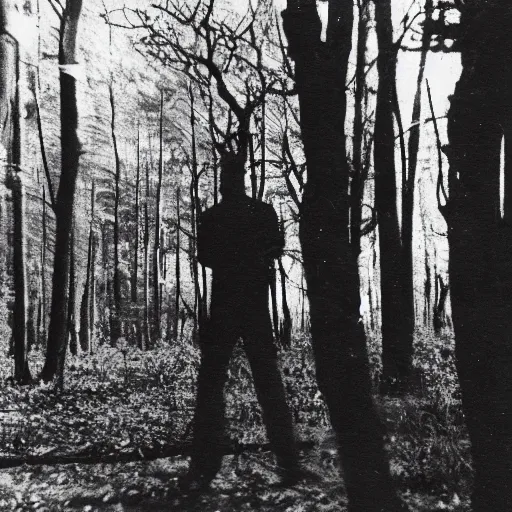 Image similar to a shadow man standing in the distance inside of a forest, taken on a ww2 camera.