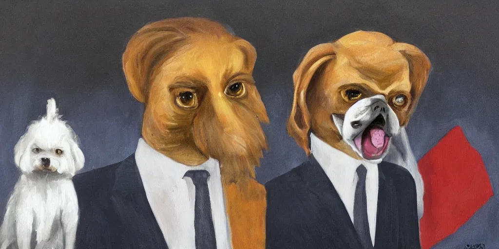 Prompt: Spanish politician Pedro Sanchez as anthropomorphic dog, oil painting