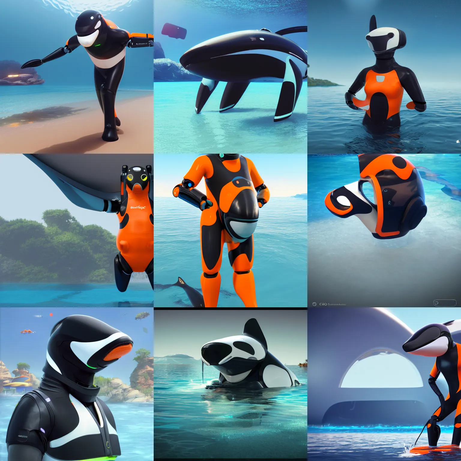 Prompt: male robotic anthro orca, visor screen for face, snout under visor, wearing an orange wetsuit, commission on furaffinity, cgsociety, octane render, subnautica