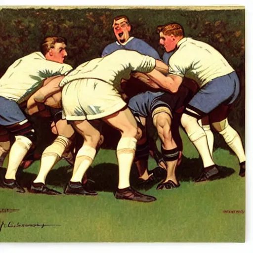 Image similar to 1920s full color illustration by J.C. Leyendecker of handsome male rugby players in a scrum on the field, rugby ball on the ground in between the handsome rugby players