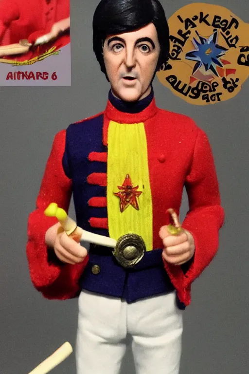 Image similar to action figure of Paul McCartney Sergeant Pepper's Lonely Hearts Club Band outfit released in 1972 vintage, vintage toy, inbox, eBay listing, HD photo