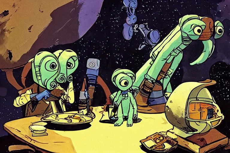 Image similar to alf and e. t. the extra terrestrial 3 0 s cartoon capers by ashley wood and maciej kuciara and john harris