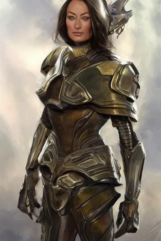 Image similar to a professional painting of a young Olivia Wilde, clothes in military armor, olive skin, long dark hair, beautiful bone structure, symmetrical facial features, intricate, elegant, digital painting, concept art, smooth, sharp focus, illustration, from StarCraft by Ruan Jia and Mandy Jurgens and Artgerm and William-Adolphe Bouguerea