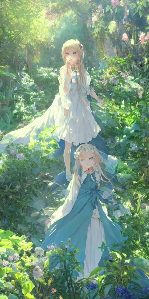 Image similar to a digital art full of atmosphere of a loli with long hair in a dress in the privet garden at after noon, green and warm theme, blue accents, back lighting, highly detailed, 4 k resolution, trending on art station, by krenz cushart and mucha and akihito yoshida and greg rutkowski and makoto shinkai