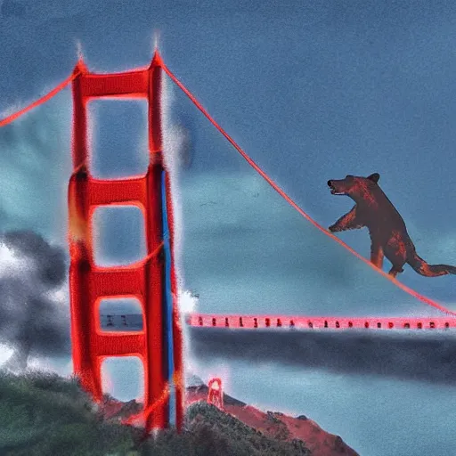 Image similar to bear flying with a jetpack over the golden gate bridge, digital art, 4 k