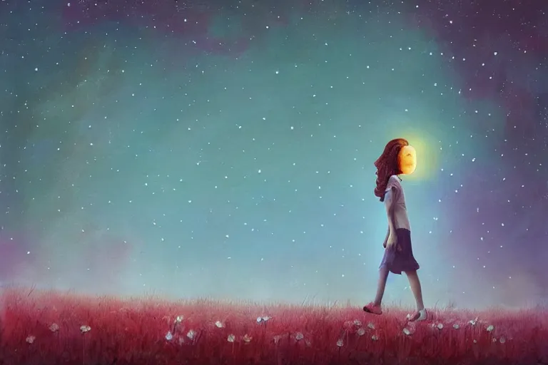 Image similar to giant daisy flower as a head, girl walking in forest, surreal photography, dark night, stars, moon light, impressionist painting, clouds, digital painting, artstation, simon stalenhag