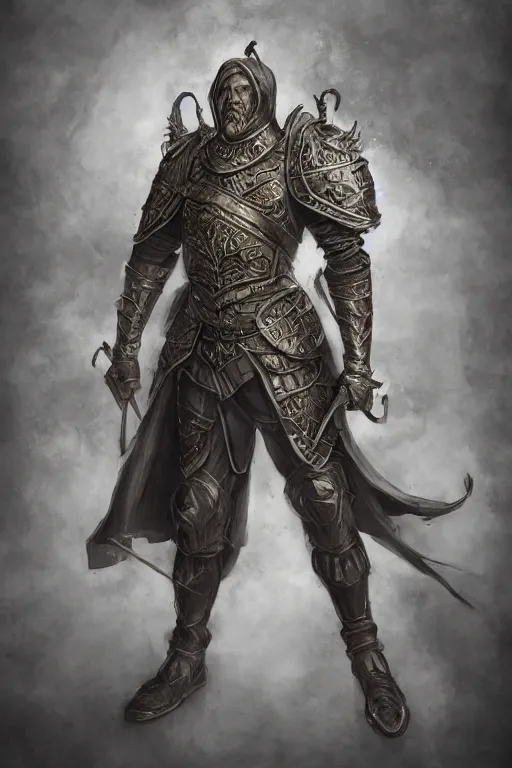 Prompt: man in ornate suit of armor imbued with magic, fantasy, medieval, character design, single character concept art, medium shot, rule of thirds, digital art,