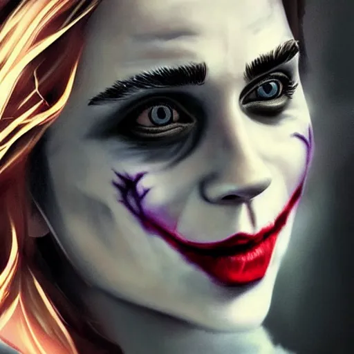 Image similar to emma watson as the joker, realistic, intricate, elegant, art by artgerm and wlop