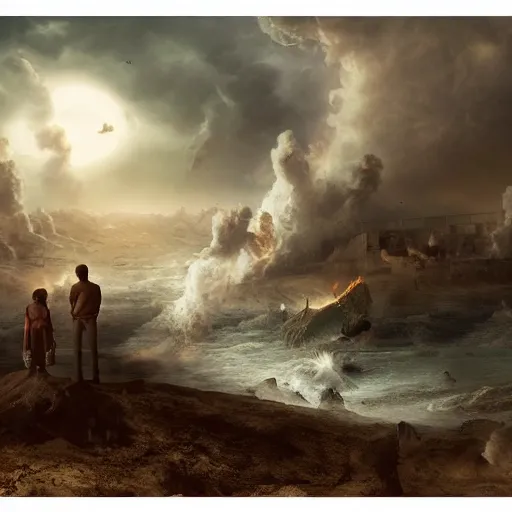 Prompt: a young couple watching the apocalypse unfold, romantic detailed digital matte painting