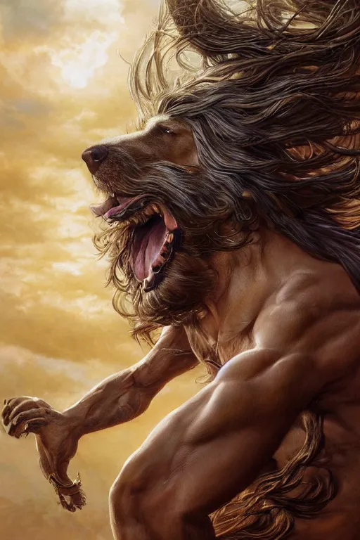 Prompt: Dog as a god, detailed face, gorgeous, amazing, flowing hair, very muscular male body, partial anatomy, stormy background, crepuscular ray, intricate, highly detailed, 8K, digital painting, fantasy, artstation, concept art, sharp focus, over-shoulder shot, illustration, art by Wayne Barlowe, hajime Sorayama alphonse mucha