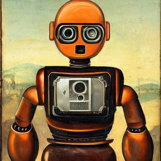 Image similar to renaissance oil portrait of an austere robot