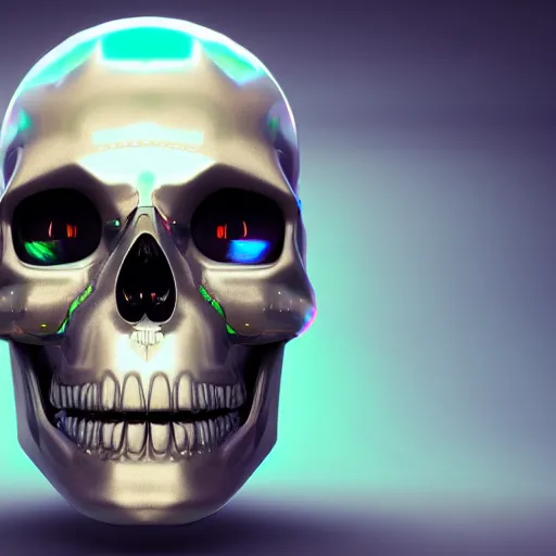 Prompt: a cyborg skull with holographic eyes. 3D octane render.