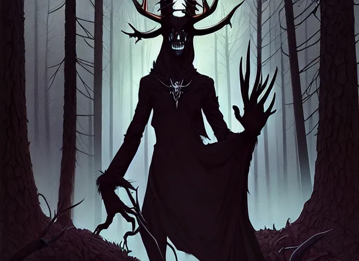 Image similar to style artgerm, joshua middleton, steve niles, diego fazio, marc simonetti : : scary wendigo with antlers and skull face mixed with werewolf : : [ beautiful witch wearing a black dress, symmetrical face, on the right side ] : : in the forest, detailed, dark and foggy, cinematic lighting