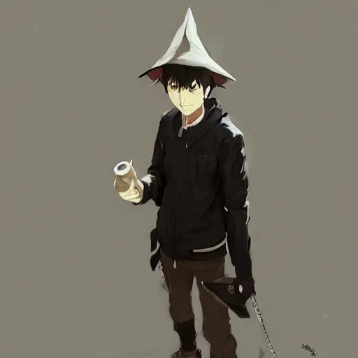 Prompt: black eyed boy with pointed hat, hands in pockets, black jacket, thin pants, trending on pixiv fanbox, painted by greg rutkowski makoto shinkai takashi takeuchi studio ghibli, akihiko yoshida