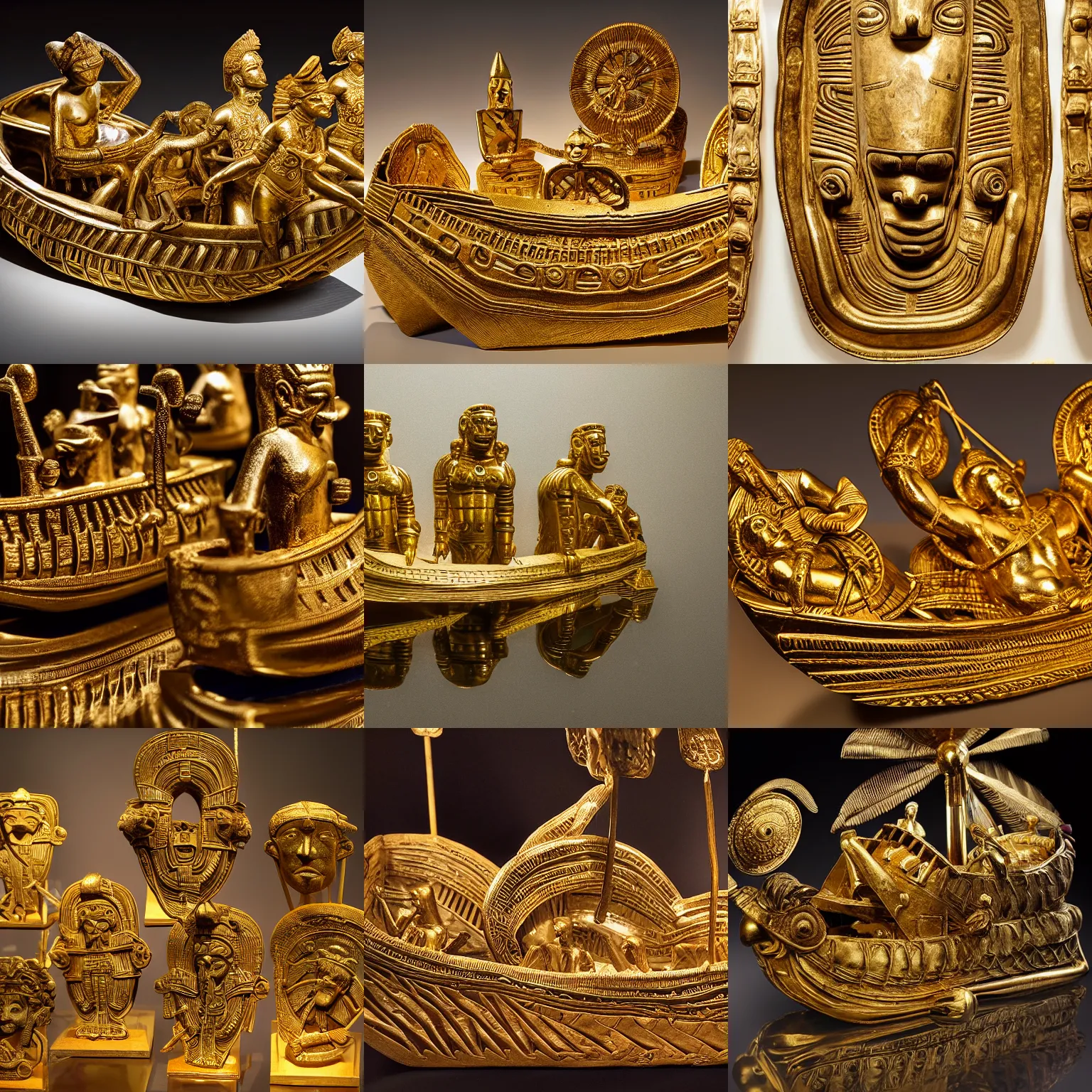 Prompt: miniatures pre - columbian gold boat sculptures in a museum very intricate, cinematic lighting, award - winning photograph