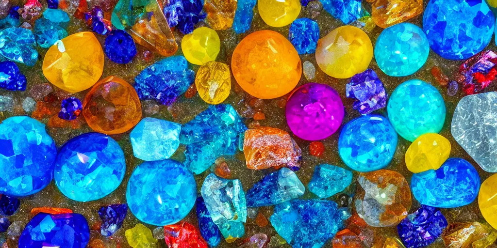 Prompt: Round, transparent and colorful crystals on the beach by the sea, professional photography