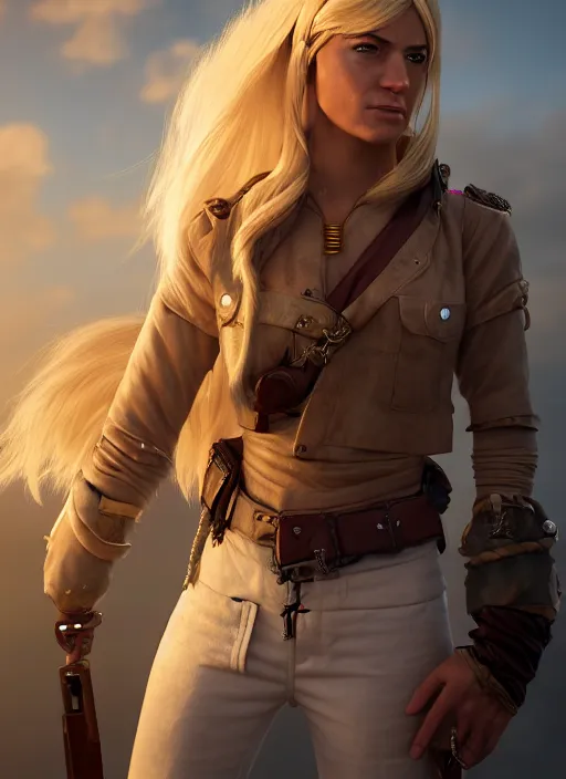 Image similar to An epic fantasy comic book style portrait painting of tall blonde haired female sky-pirate with a serious face and a pony tail in front of a metal gangplank, unreal 5, DAZ, hyperrealistic, octane render, cosplay, RPG portrait, dynamic lighting