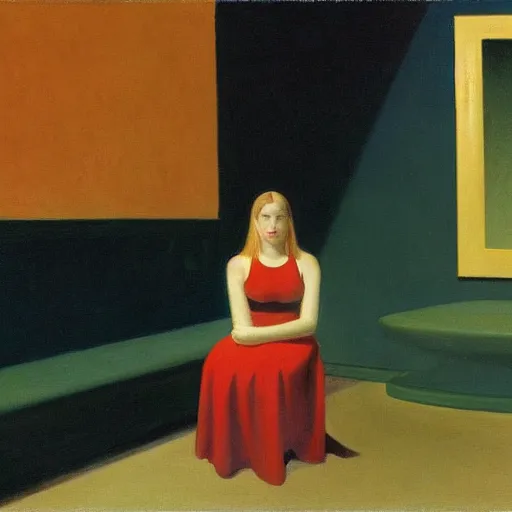 Prompt: a painting by edward hopper and henri rousseau of a young russian woman in a room full of snakes