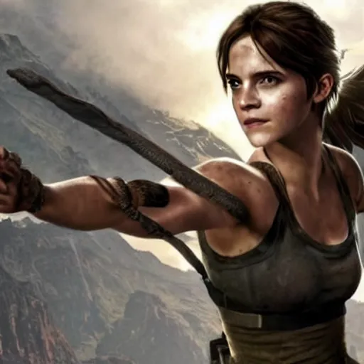 Prompt: Emma Watson as Lara croft tomb raider riding a tiger on an upcoming movie cover, cinematic lighting