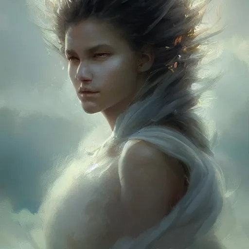 Image similar to a beautiful portrait of a cloud goddess by Greg Rutkowski and Raymond Swanland, Trending on Artstation, ultra realistic digital art