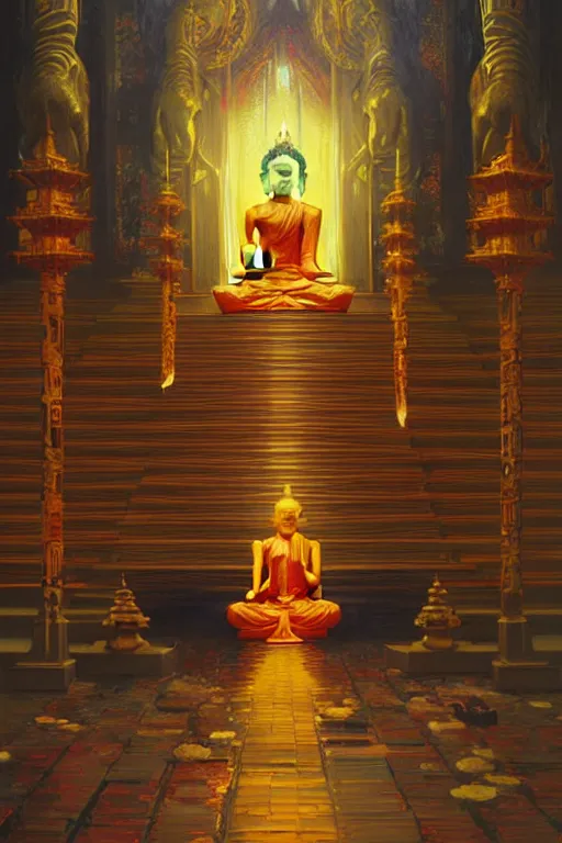 Image similar to temple, buddhism, painting by greg rutkowski, artgerm, vincent van gogh, j. c. leyendecker