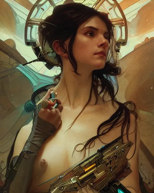 Image similar to portrait of a techno - optimist, cinematic lighting, scifi, intelligent, high detail, masterpiece, art by artgerm and greg rutkowski and alphonse mucha