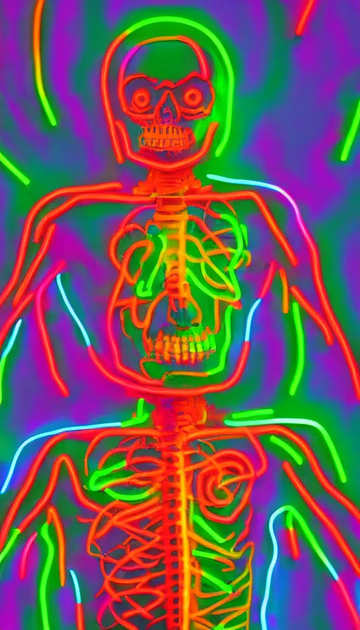 Prompt: skeleton made of neon lights, portrait, 3 d cartoon, pixar, sharp focus, film grain