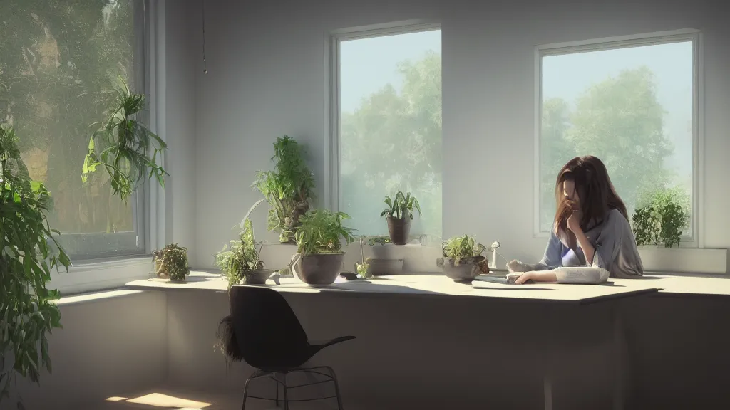 Prompt: peaceful dreamy painting of a beautiful young woman sitting at a desk, black cat on the desk, sunshine coming through the window, small plants on the window sill, 8k, hyper realism, trending on artstation, octane render, dynamic lighting