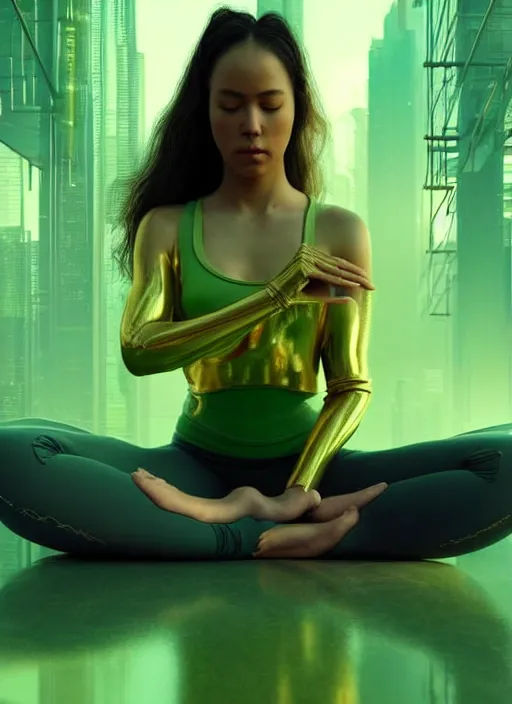 Image similar to young woman sitting in yoga pose : : green - gold nature cyberpunk : : weta disney pixar movie still photo : : decadent highly - detailed digital painting, heroic pose, full length shot, golden ratio, octane render, artstation, smooth, sharp focus, artgerm, mucha, loish, wlop, gogo