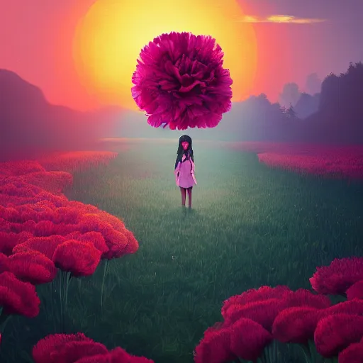 Image similar to giant carnation flower head, girl in suit, surreal photography, sunrise, dramatic light, impressionist painting, digital painting, artstation, simon stalenhag