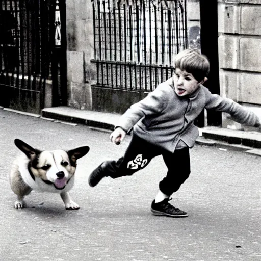 Image similar to a french boy on the streets of paris playing football against a corgi, the dog is wearing a polka dot scarf, book illustration, 1 9 6 6