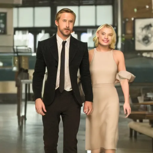 Image similar to still of ryan gosling and margot robbie, walking in human face