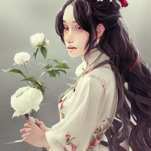 Image similar to a highly detailed portrait of sisters with purpure very very long hair, There are large snow-white peonies in the background, artstation, watercolor, highly detailed, portrait, by krenz cushart