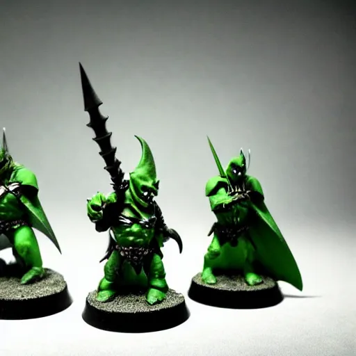 Prompt: night goblin wearing pointy hoods, warhammer fantasy, green skin