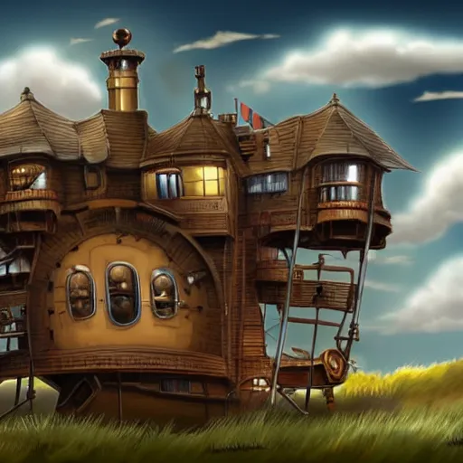 Prompt: A Steampunk house floating next to wispy clouds in the sky. Trending on art station.