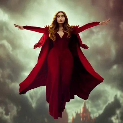 Image similar to elizabeth olsen artstation scarlet witch, floating in the air as she emanates magic from her palms, full - body portrait, 3 5 mm!!!!! photography, disdain facial expression, messy!!!!! hair, trending on artstation, photorealistic!!!!!, 4 k, 8 k