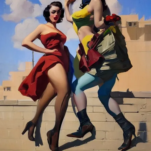 Prompt: greg manchess portrait painting of 1 9 5 0's pinup characters as overwatchs character, medium shot, asymmetrical, profile picture, organic painting, sunny day, matte painting, bold shapes, hard edges, street art, trending on artstation, by huang guangjian and gil elvgren and sachin teng