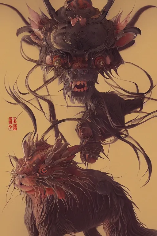 Image similar to a japanese devil animal illustrated by miyazaki by karol bak, james jean, tom bagshaw, rococo, sharp focus, trending on artstation, cinematic lighting, hyper realism, octane render, 8 k, hyper detailed, vivid, ultra detailed, highly detailed