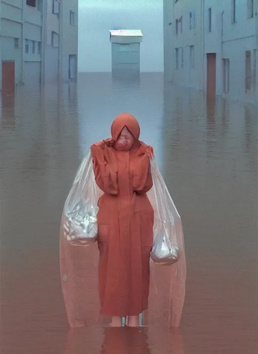 Prompt: woman dressed in transparent plastic bags, paper bags in hands and over the head, on flooded street Edward Hopper and James Gilleard, Zdzislaw Beksinski, highly detailed