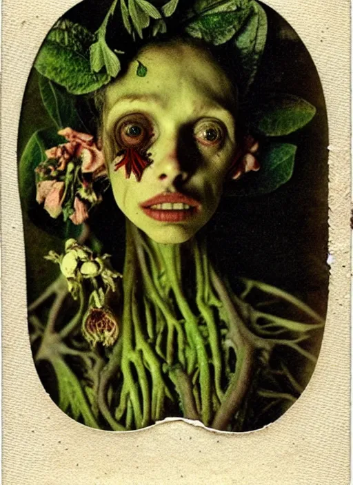 Image similar to beautiful and detailed rotten woman made of plants and many different types of flowers, muscles, intricate, organs, ornate, surreal, miguel angel, gustave courbet, caravaggio, romero ressendi, van gogh, 1 9 1 0 polaroid photo