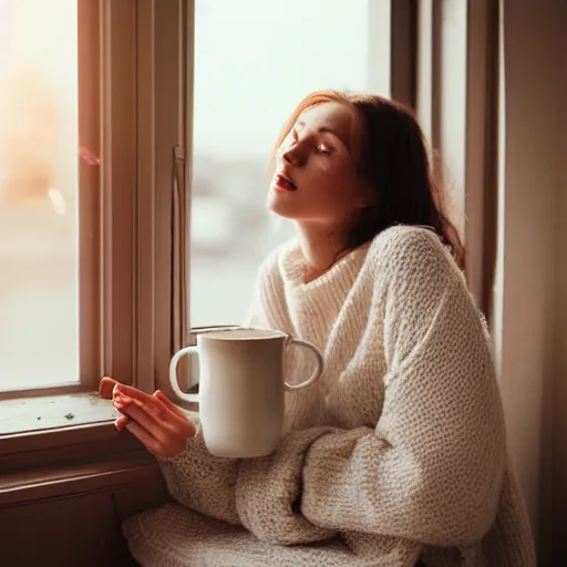 Prompt: photograph of a pretty french girl with dark hair, wearing a loose fitting oversized homely white sweater, cuddled up on a windowsill sipping tea from a mug with the light of the sunset illuminating her beautiful brown eyes. Shot in the style of Annie Leibovitz for an Ikea catalogue in 2008, Sigma 1.6, 50mm, bokeh, cinematic lighting, high detail, tack sharp focus, award winning.