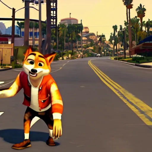 Image similar to Screenshot of the original Grand Theft Auto: San Andreas featuring Nick Wilde (from Zootopia)