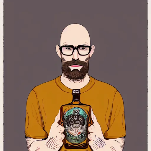 Prompt: portrait of a young, bald, bearded, and american traditional tattooed man, wearing glasses and a backwards hat, drinking a glass of whiskey, digital painting, highly detailed, hd, 4k, trending on artstation
