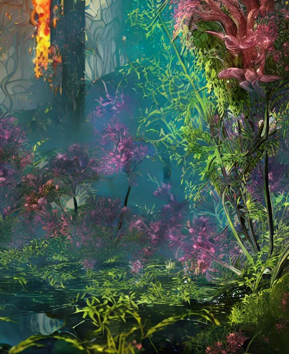 Prompt: intricate transparent clear see - through image of fire, lush botany, robotic environment, colorful psychedelic, ultra realistic, concept art, art nouveau, photorealistic, octane render, 8 k, unreal engine. art by nori inoguchi and sam kaplan and zachary goulko and christopher marley