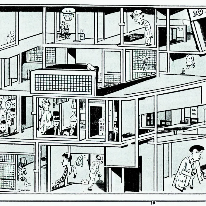 Image similar to a still frame from comic strip, isometric blueprint illustration 1 9 5 0, herluf bidstrup, new yorker illustration, monochrome bw, lineart, manga, tadanori yokoo, simplified,